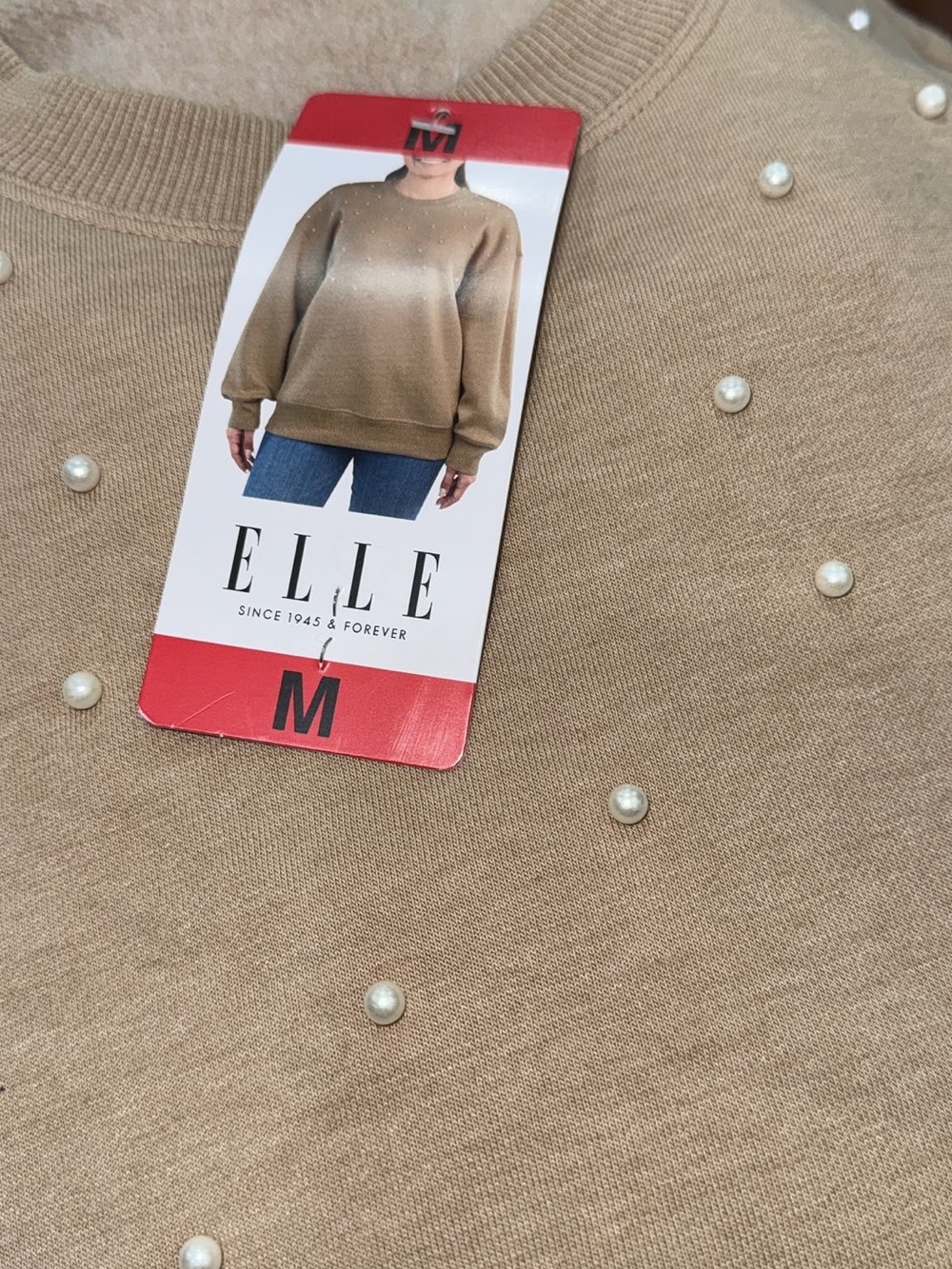 ELLE Tan Crewneck Sweater with Pearl Accents
